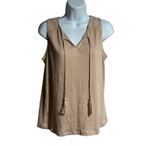 Cable & Gauge Womens Tank Top Size S Sleeveless Beige Gauze Fabric Tassle Ties
